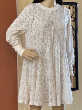 Free People Chamoix Lace Swing Long-Sleeve Dress in Ivory